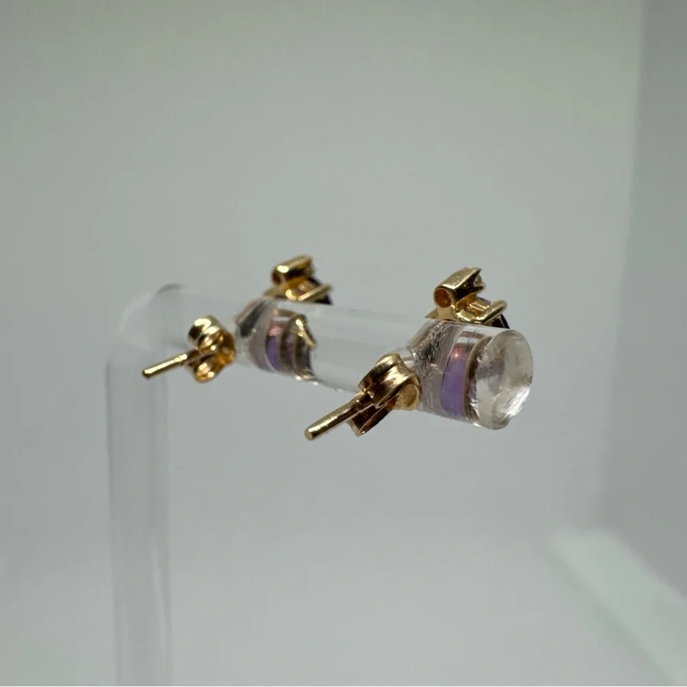 Beautiful 14k Yellow Gold Oval Amethyst and Diamond Stud Post Earrings - Picture 5 of 10